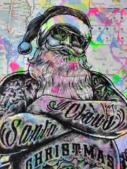 Handpainted Tattoo Santa Claus Acrylic artwork on New York City Subway Map