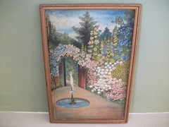 Garden and Gate Painting – on Artist’s Canvas Board – former owner info on back