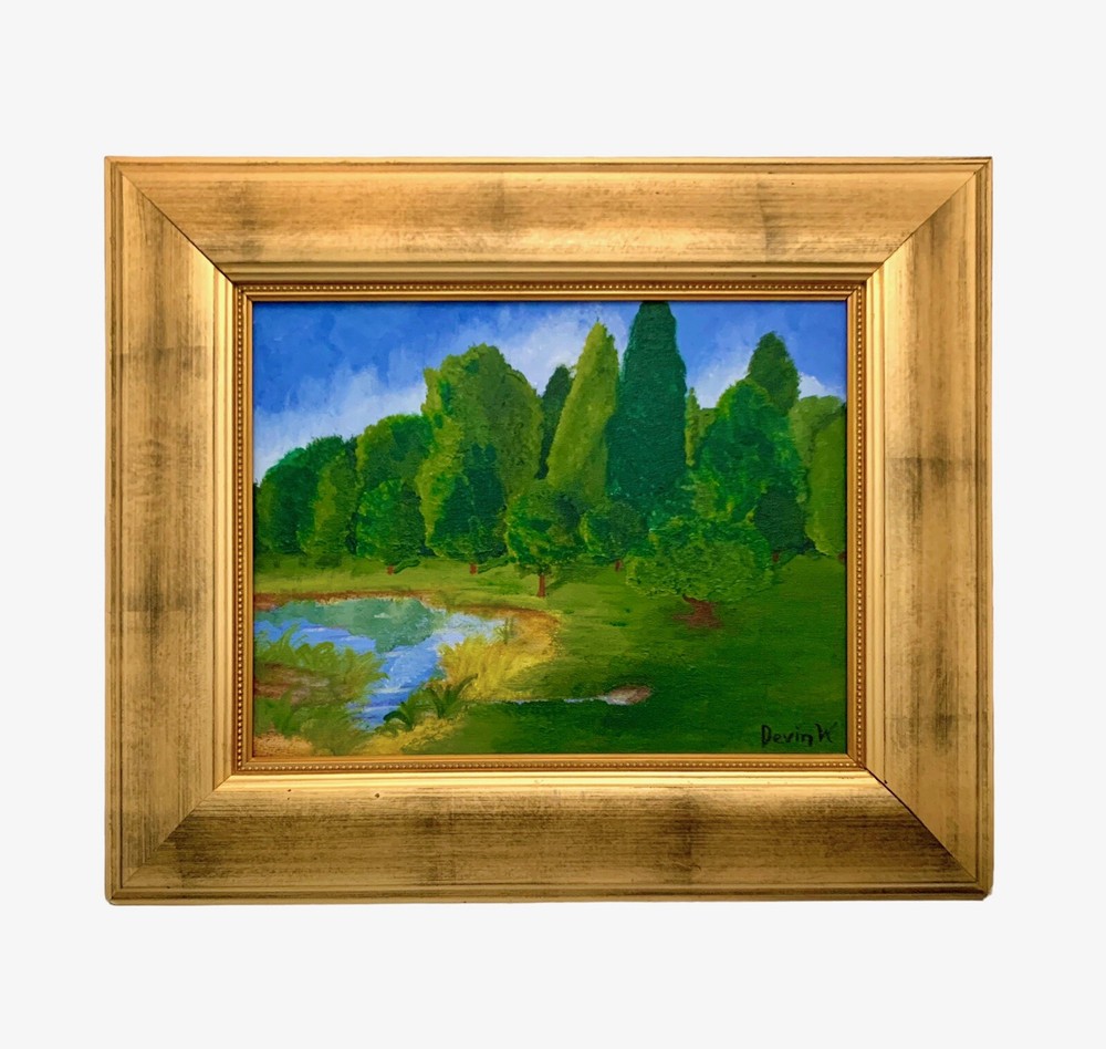 Painting Pond and Trees Natural Landscape Scenery Oil on Canvas Signed Art Decor