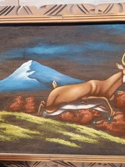 Vintage Deer Velvet Painting 1970s￼- Mexico Wooden Carved Frame Forest