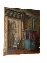 19thC Leonce De JONCIERES (1871-1952) Sedan Chair Interior Castle Versailles Oil