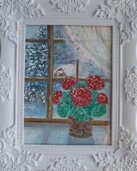 Oil painting Red flowers Geranium on the window Winter landscape Original New