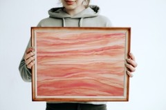 Original watercolor abstraction in peach color with gold stripes, Home Decor
