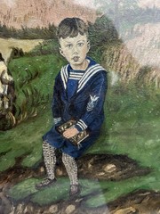 Antique Early American Oil, Painting, Us Navy Boy In Uniform Landscape Original