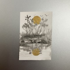 Original Sunset Trees Painting realism Miniature Sumi-e Gold Ink Landscape Art
