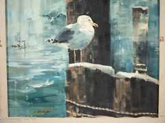 Vintage Karen Rinaldo Impressionist Oil Painting Seagulls on Pilings Cape Cod MA