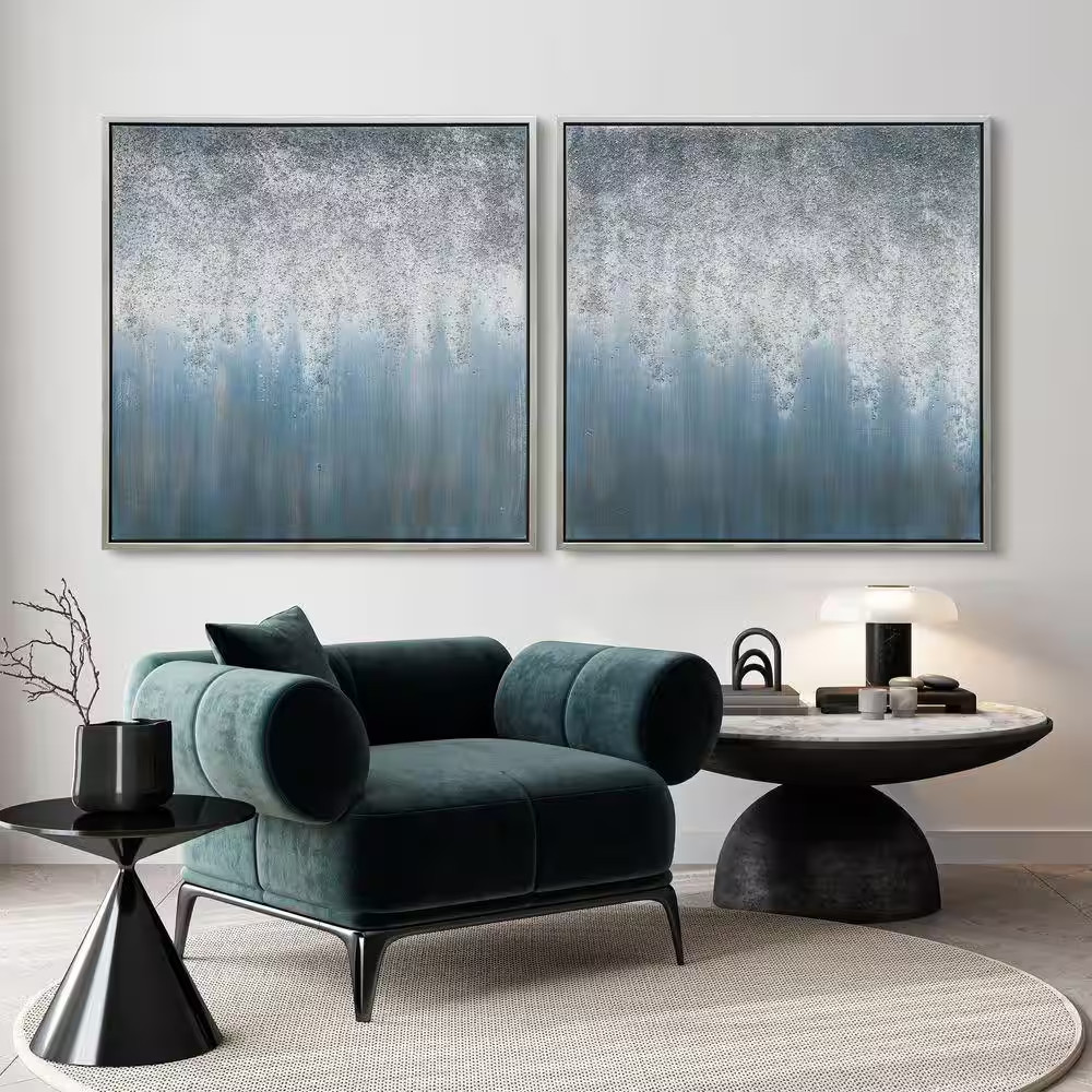 Blue Rain Textured Metallic Hand Painted by Martin Edwards Framed Abstract Dipty