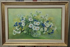 Original Oil Painting Canvas Sister Matilda Caroline Bechter Bouquet Daisies Nun