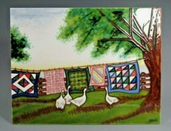Canada Canadian Quebec hand Painted Tile w/ Geese Amidst laundry Isabelle Malo