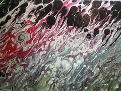 Acrylic pour on canvas 16″x20″ red teal blue green black white