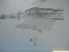 Lithography Village Landscape Birds Doves Mountain Alps Cloud Field Gray Antique