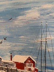 Vintage Impressionist Painting 16×20″ Harbor Sailboat Winter Seascape signed