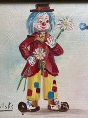 Vintage 1950’s Rare Old Hungarian Folk Art Kid With Clowns Oil Painting Kowalski