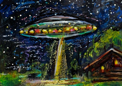 Original ACEO Painting CABIN & Spaceship Stars Night TREES Universe UFO ATC ART
