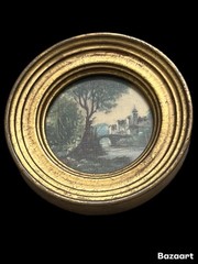 1~Vtg Italian Florentine Giltwood Ornate Round Landscape Collotype Art 4.25”