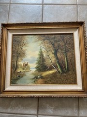 Henry Sanders “ The Forest “ Oil Painting-Castle along River Shore Landscape