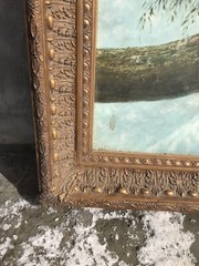 Beautiful 30.5”x43 Framed Oil Painting Of Leopard in Snow Antique Style Wild Cat