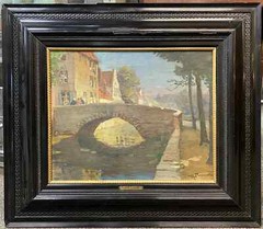 August Lemmer Oil Painting of a Belgian Canal with Bridge, Probably in Bruges