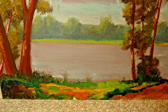 Florence Eisenberg 1965 Oil Painting LAKE MANAWA CB Iowa Waterfront Landscape NR