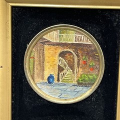 3 Miniature Round Painted New Orleans Courtyard Scenes Signed Hawkins Framed