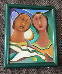 Original Old Vintage Haitian Folk Art Painting~Signed Alphaeus Abstract~Twins