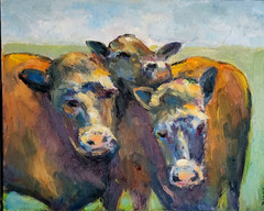 Oil Painting Pastoral Landscape COW Family Farm Animal Original Framed Donalee