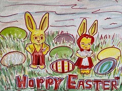 Hoppy Easter | Mixed Media Painting Vintage Toy K C Jones Rabbits Knickerbocker