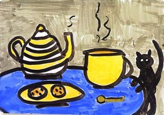 Cookies Tea And Kitty Abstract Expressionist Original Watercolor Painting ACEO