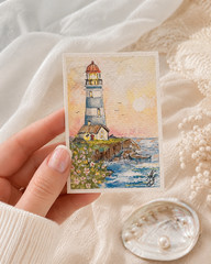 Harbor of Hope -ACEO Original Watercolor Lighthouse Painting OOAK card Christ