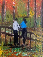Original painting 5×7″ CANVAS people landscape autumn trees by Lynne Kohler