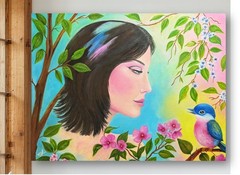Original Oil Painting Abstract Realism Woman Garden Bird Stretched Canvas 14×18