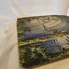 New Orleans Bayou Boat Painted On Slate. Signed By Artist. 10×8.5 In