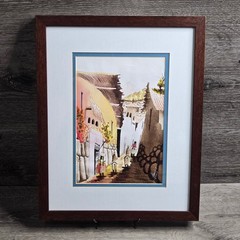 Signed Henry Cusco Peru Leather Painting Framed Street Scene Village Art