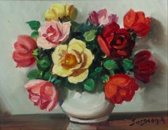 Vintage French Oil Painting, Bouquet of Flowers in a Vase, Roses, Signed Surgeon