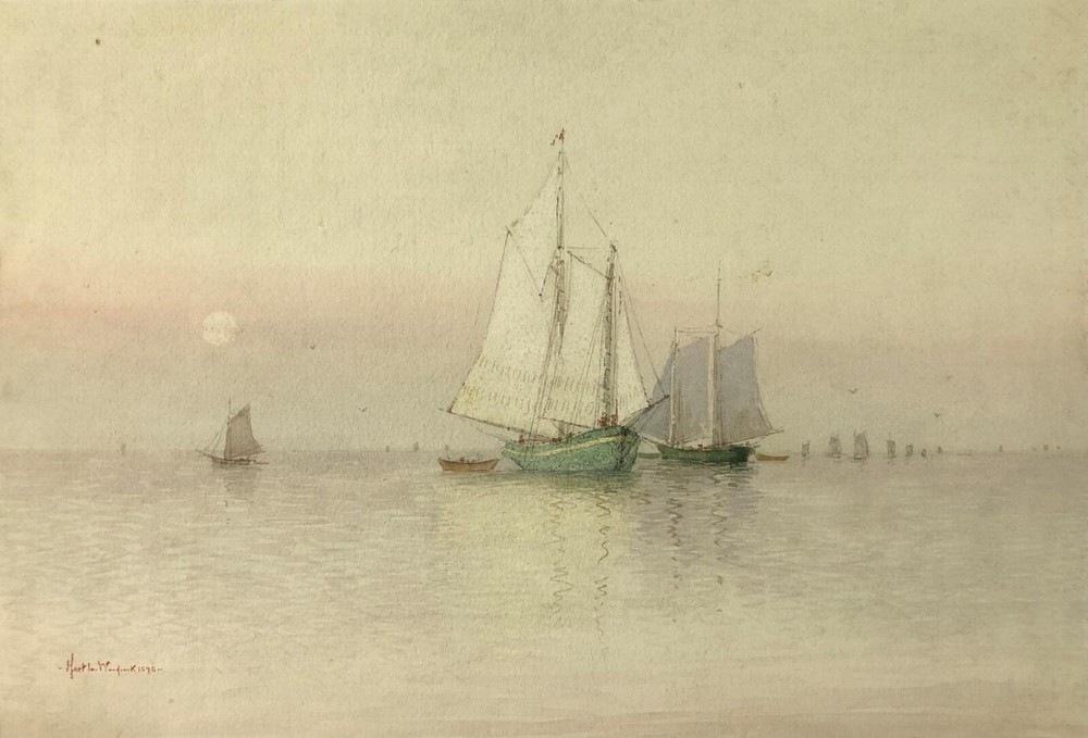 PAINTING Watercolor ~ LARGE SAILBOAT SEASCAPE ~ 1898 Date LISTED AMERICAN ARTIST