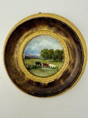 Miniature Oil Painting: cows grazing Landscape in Ornate Vintage Frame