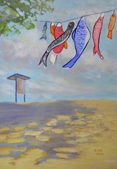 Japanese Festival Art Original Landscape Carp Streamers Koinobori Oil Painting
