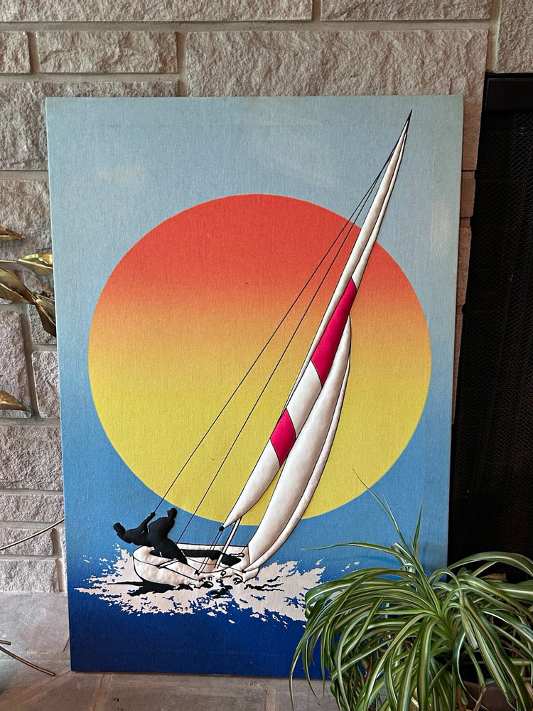 Vintage 1970s-80s Quilted Trapunto Sailboat Sunset Wall Art 36×24 Retro Nautical
