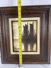Signed Realist Impressionist Painting of Ships at Sea 15×17 Inches Framed Art