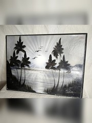 Haitian Style black and white beach sunset oil painting on wood
