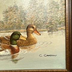 C. Carson Signed Framed Ducks Pond Landscape Painting on Canvas, Bamboo Style