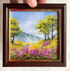 Original Oil Painting Mountain Landscape Meadow Flowers Small Wall Art 4 x 4 in