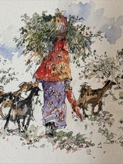 Ink And Watercolor Painting By Halila Oman, African Landscape, Women, Goats 🐐