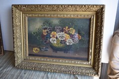 Old Still Life Painting on Canvas, ‚Bowl of Pansies‘ (JC288) chalice co