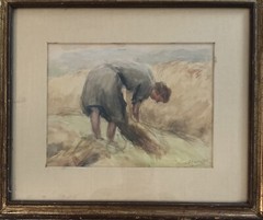 Max Wulfart Russian artist born 1876 Watercolor gathering wheat