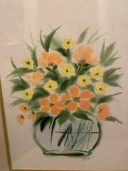 Vintage Original Watercolor Painting Signed Stamped NC Coral Yellow Green Vase
