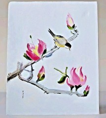 Songbird on a Flowering Branch Original Oil Painting by Joyce Ann Moore 1996 cam