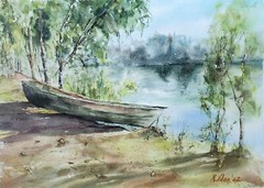 Original Watercolor Painting Boat Seascape Sea Lake Landscape Nautical
