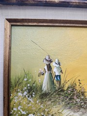 J Fenton Framed Oil Painting Children Flowers & Seagulls on Beach Signed