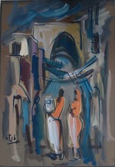 SHMUEL TEPLER 1918-1998 Paper ISRAEL PAINTING SIGNED IN HEBREW JUDAICA